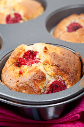 Freshly baked raspberry muffins